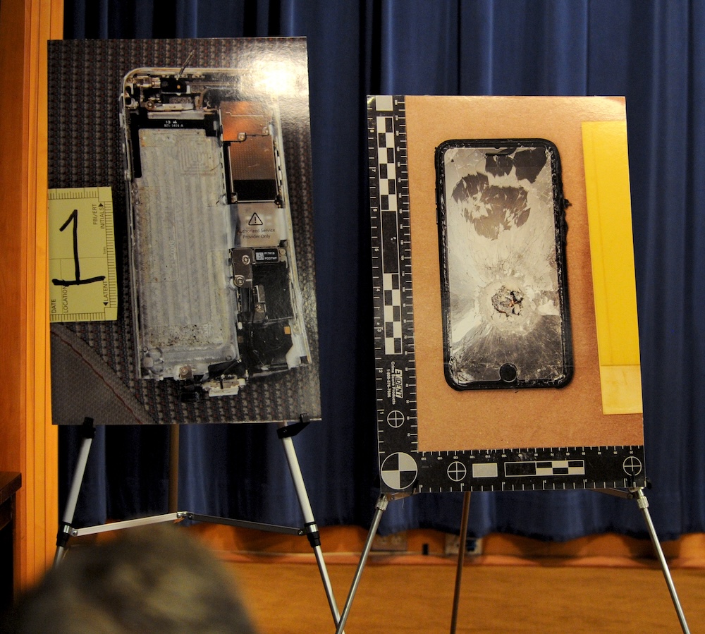 Images of the shooter's phone from the December 6, 2019 shooting at Naval Air Station Pensacola were on display during a January 13, 2020, press conference at DOJ Headquarters in Washington, D.C. During the gunfight with first responders, Mohammed Saeed Alshamrani placed one of his phones on the floor and shot a single round into the device. The FBI Laboratory was able to make the phone work again but has been unable to unlock it. 