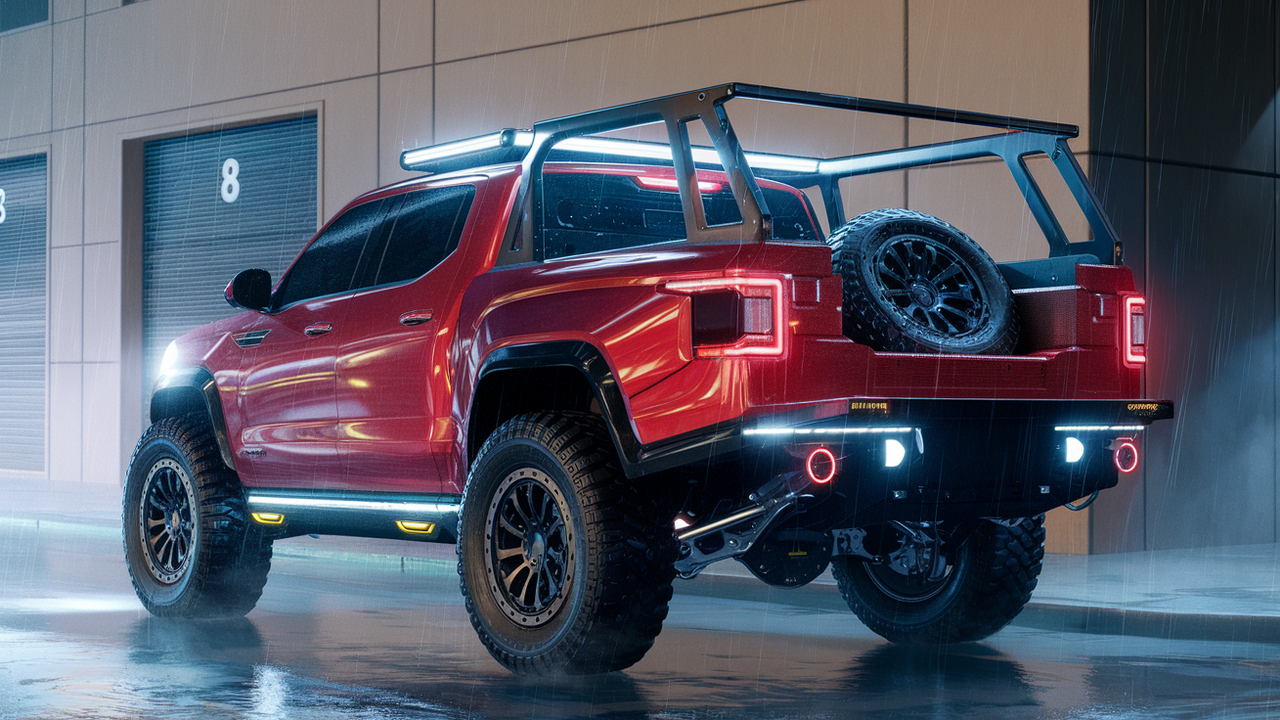 Futuristic truck parked in rain with tire rack.